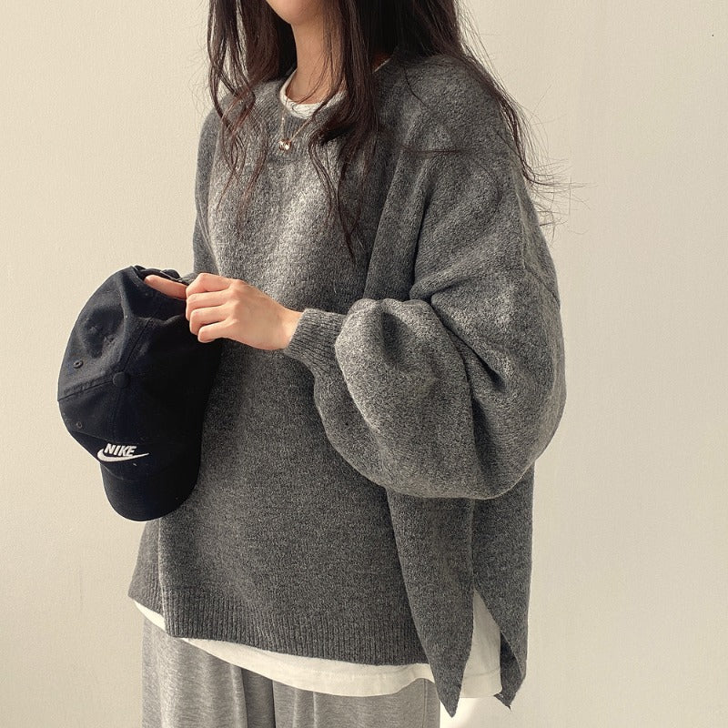 Crewneck Lantern Sleeve Oversized Wool Sweater for Women