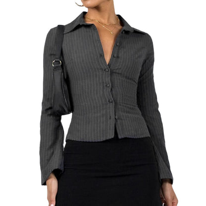 Lapel Breasted Cardigan Long Sleeve Shirt Slim Striped Top