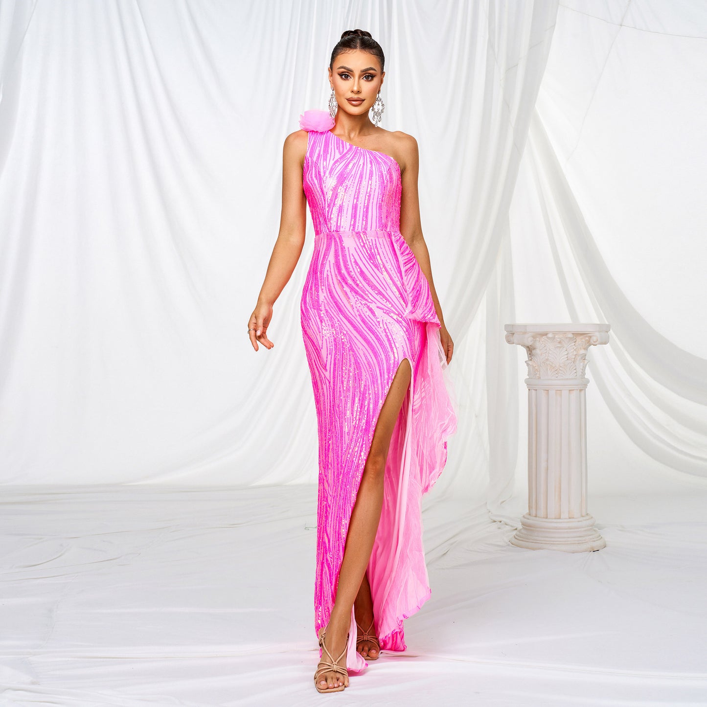 One-Shoulder Sequined Slit Evening Dress – Rose Red High-Waist Long Dress
