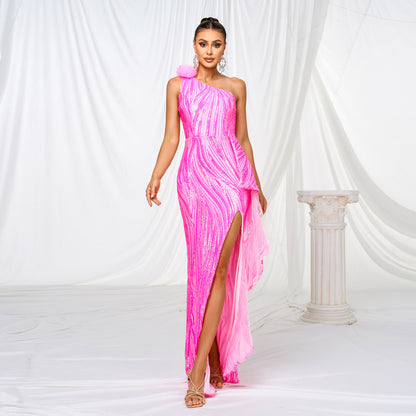 One-Shoulder Sequined Slit Evening Dress – Rose Red High-Waist Long Dress
