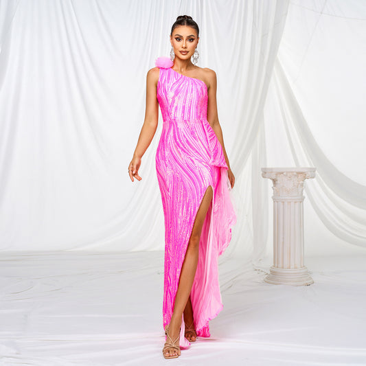 One-Shoulder Sequined Slit Evening Dress – Rose Red High-Waist Long Dress
