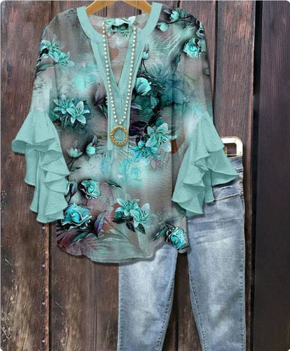 Women's Creative Printing Casual V-neck Lotus Sleeve T-shirt