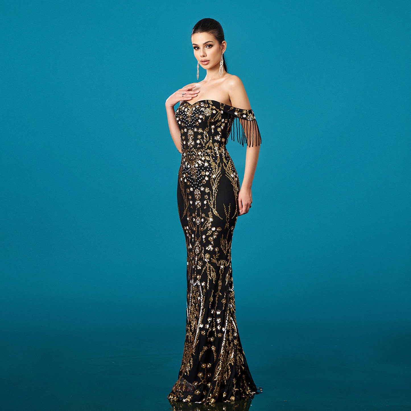 Off-Shoulder Tassel Sequin Fishtail Evening Dress