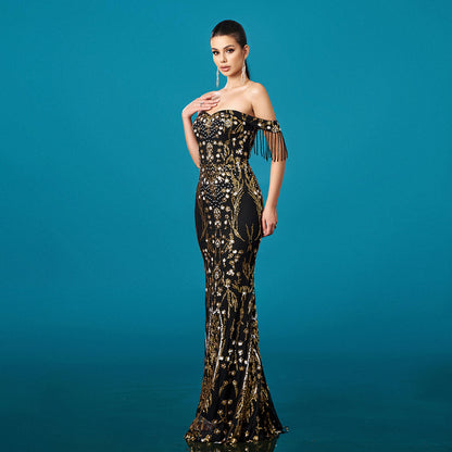 Off-Shoulder Tassel Sequin Fishtail Evening Dress