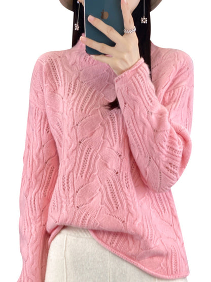 Women’s Half High Collar Wool Pullover Sweater – Autumn &amp; Winter Hollow Knit Design