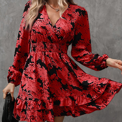 Women's Elegant Printed Lantern Sleeve A-Line Dress V-Neck, Ruffled Gathered Waist Detail, Flowy Midi Dress For Casual & Formal Occasions