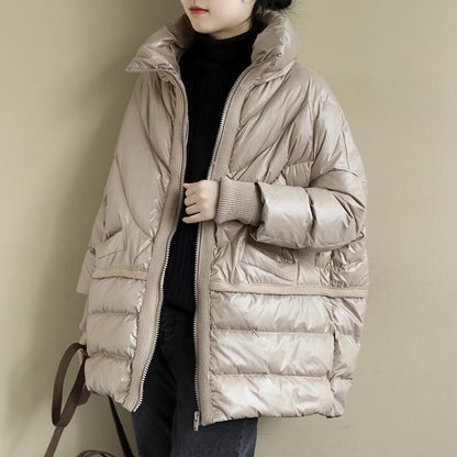 White Duck Down Artistic Stand-up Collar O-type Plus Size Women's Down Jacket Wool Stitching Design Style