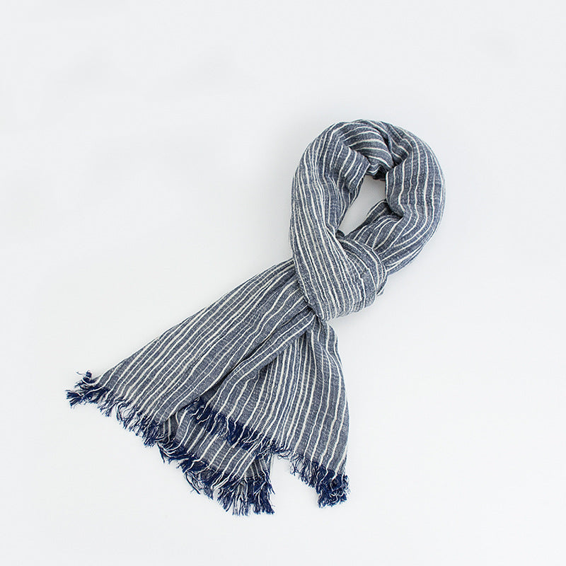 Cotton And Linen Scarf Japanese Literary Style Striped Fringed Drape - myETYN