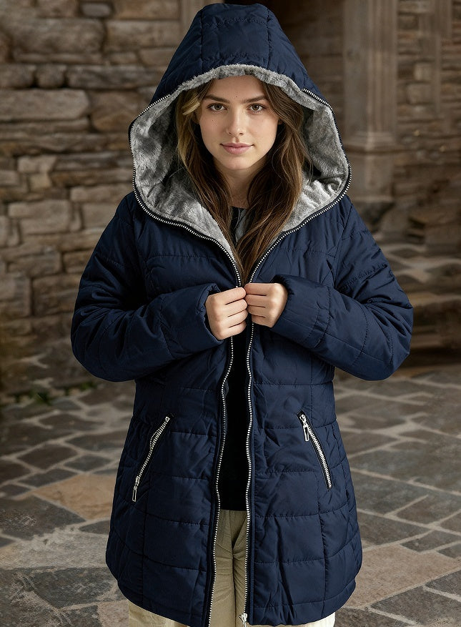 Ladies' Hooded Long-Sleeved Warm Cotton-Padded Jacket with Fleece
