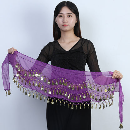 98 Coins Belly Dance Waist Chain Chiffon Three-layer Gold Coin Belt Indian Dance Exercise And Performance Hip Scarf Scarf