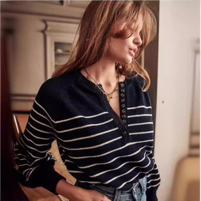 Women’s Vintage Striped Button-Up Sweater – Long Sleeve Round Neck Puff Sleeve