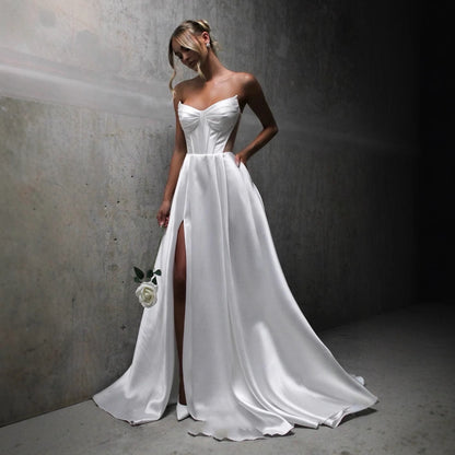 White Satin Slit Pocket Bandage Wedding Dress
