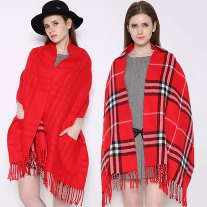 Cashmere Fringe Plaid Shawl with Pocket - myETYN