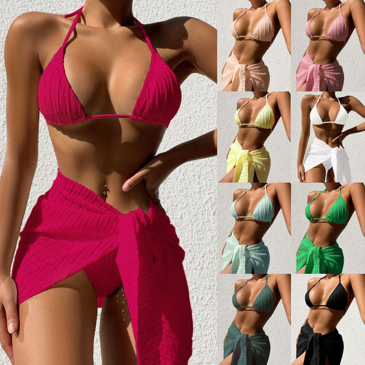Women's 3-Piece Halterneck Swimsuit Set - Sexy Backless Bikini with Mesh Skirt