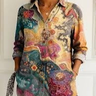 3D Printed Long Sleeve All-match Loose Button Shirt Top