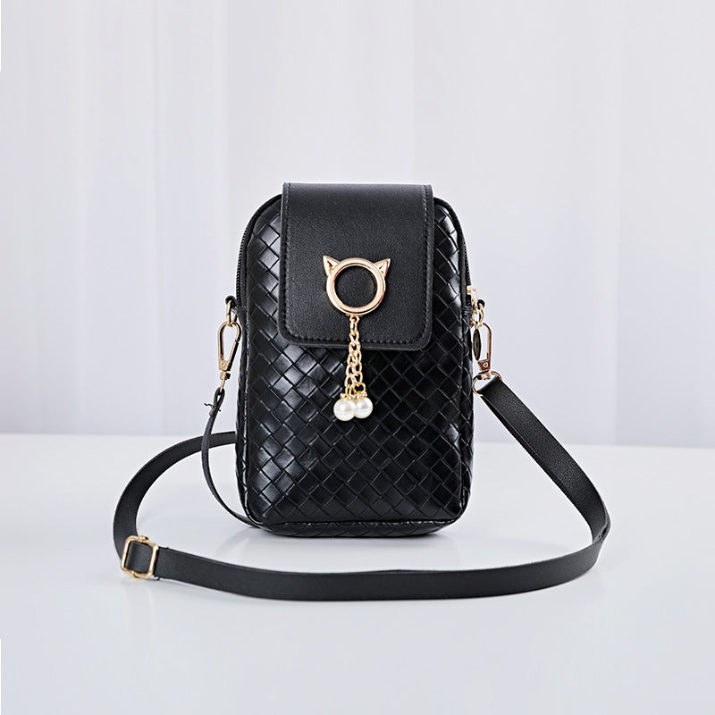 Mobile Phone Bags Women Woven Pearl Tassel Cover Type Crossbody Shoulder Bag - myETYN