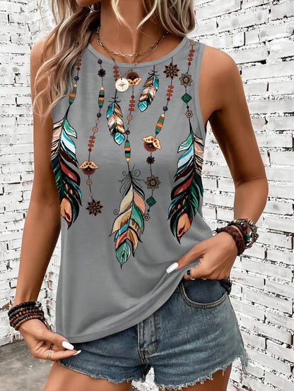 Women's Feather Print Vest Summer Print