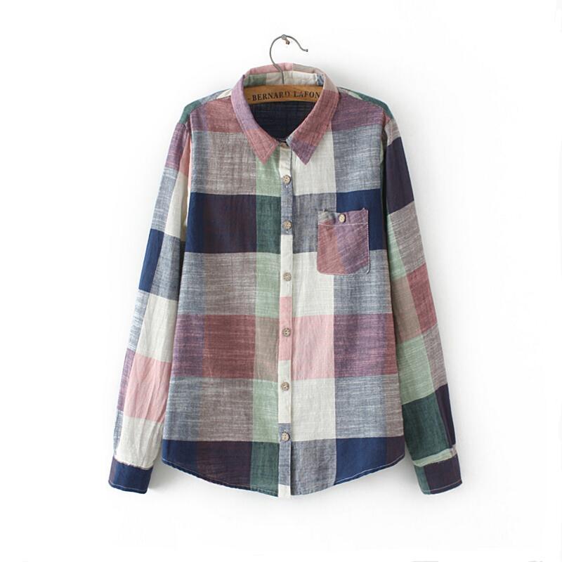 Casual Plaid Women Blouses Kimono Vintage Linen Cotton Long Sleeve Blouse Female Shirts Tops