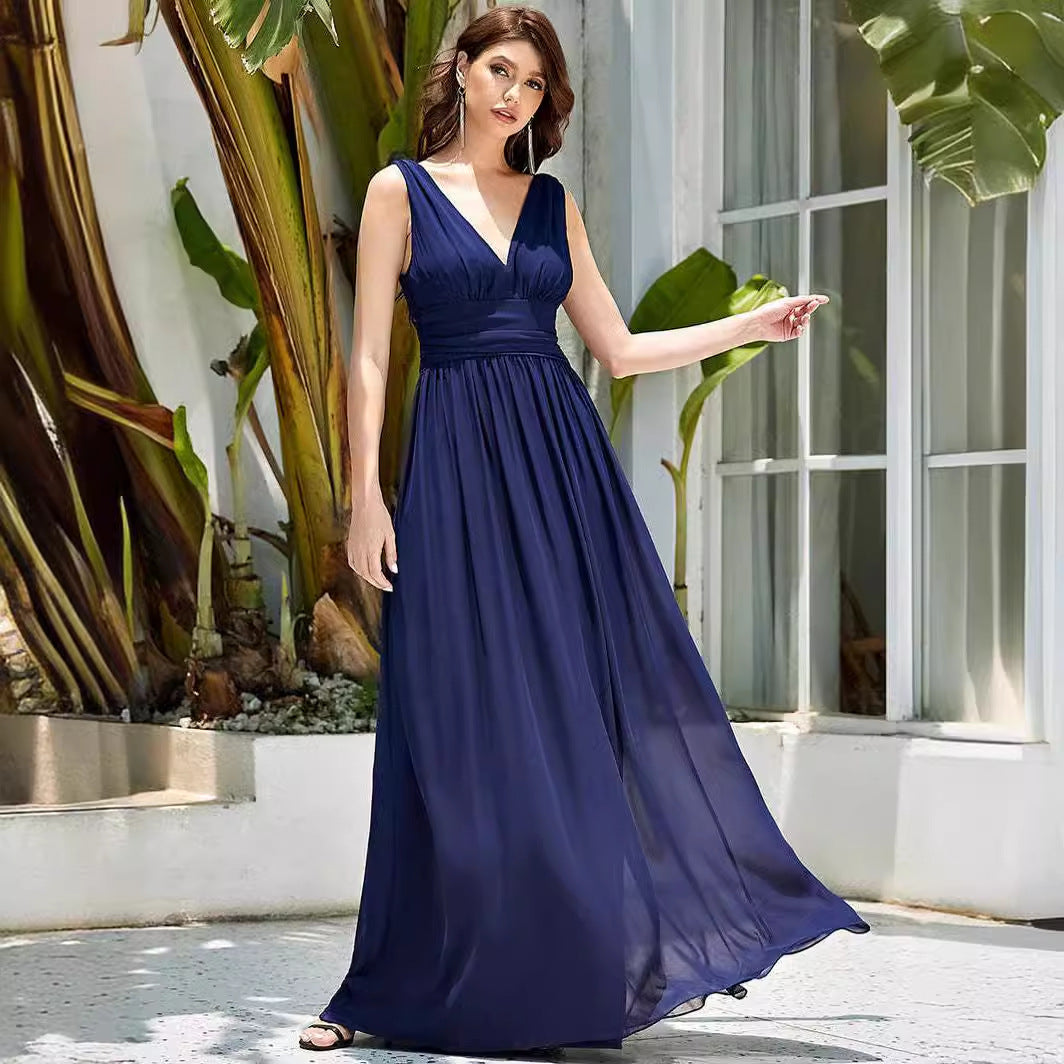 Deep V-Neck Bridesmaid Plus Size High Waist Evening Dress