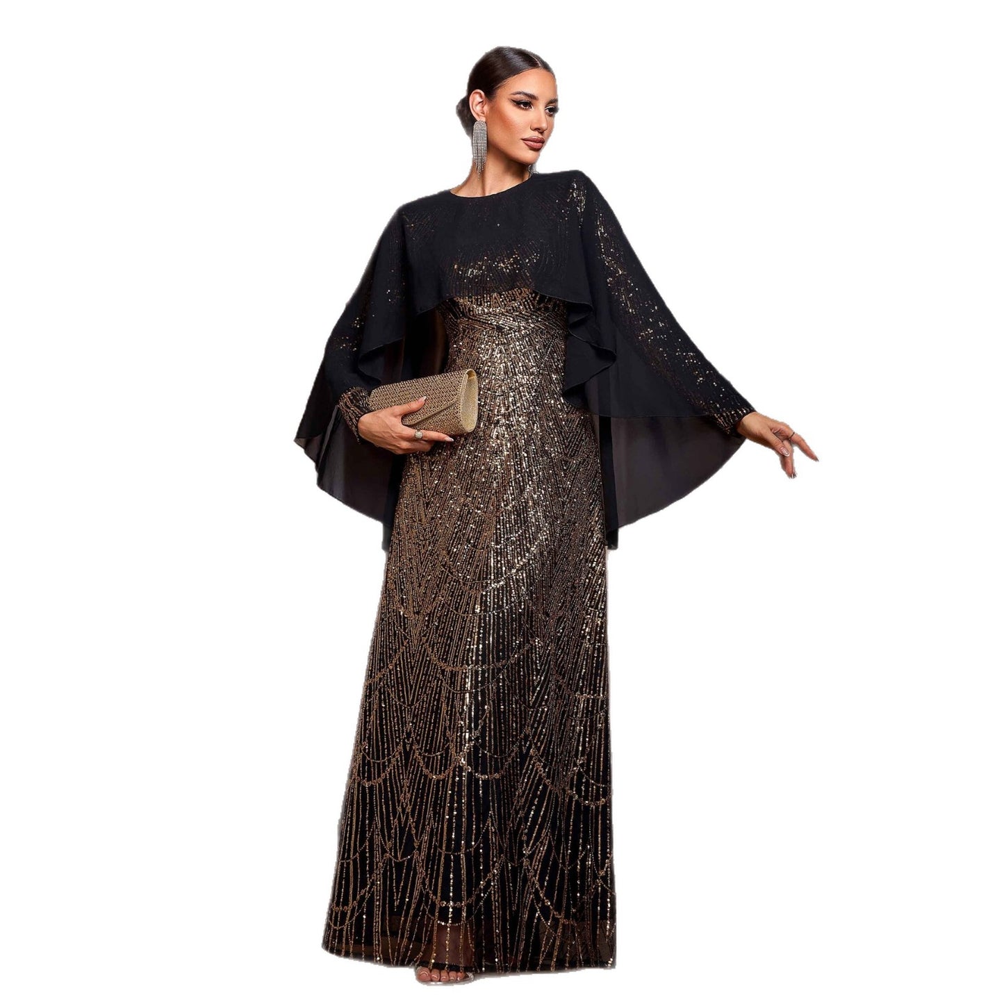 Elegant Long Sleeve Round Neck Sequined A-Line Evening Dress with Shawl – Black &amp; Gold