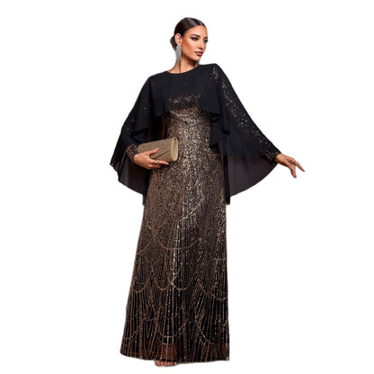 Elegant Long Sleeve Round Neck Sequined A-Line Evening Dress with Shawl – Black &amp; Gold