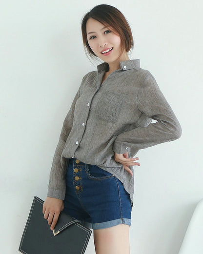 Long-sleeved cotton and linen shirt Slim linen literary loose thin shirt