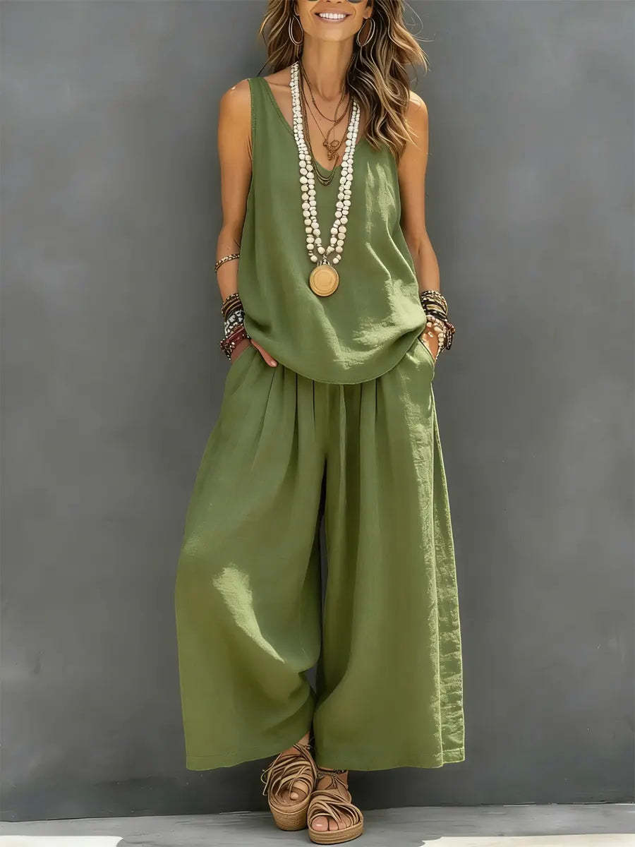 Women’s Cotton Linen Summer Co-Ord Set – Sleeveless Tank & Wide-Leg Pants (Breathable Casual Outfit)