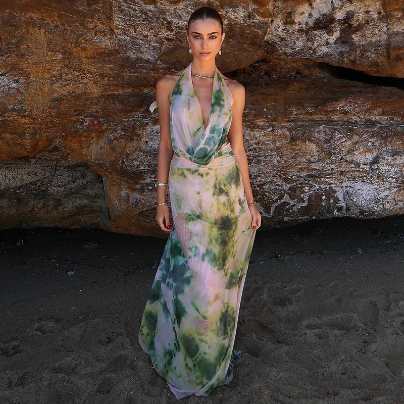 2pcs Tie Dye Printing Deep V - neck Suits Fashion Halter Backless Long Dresses For Beach Party Womens Clothing - myetyn