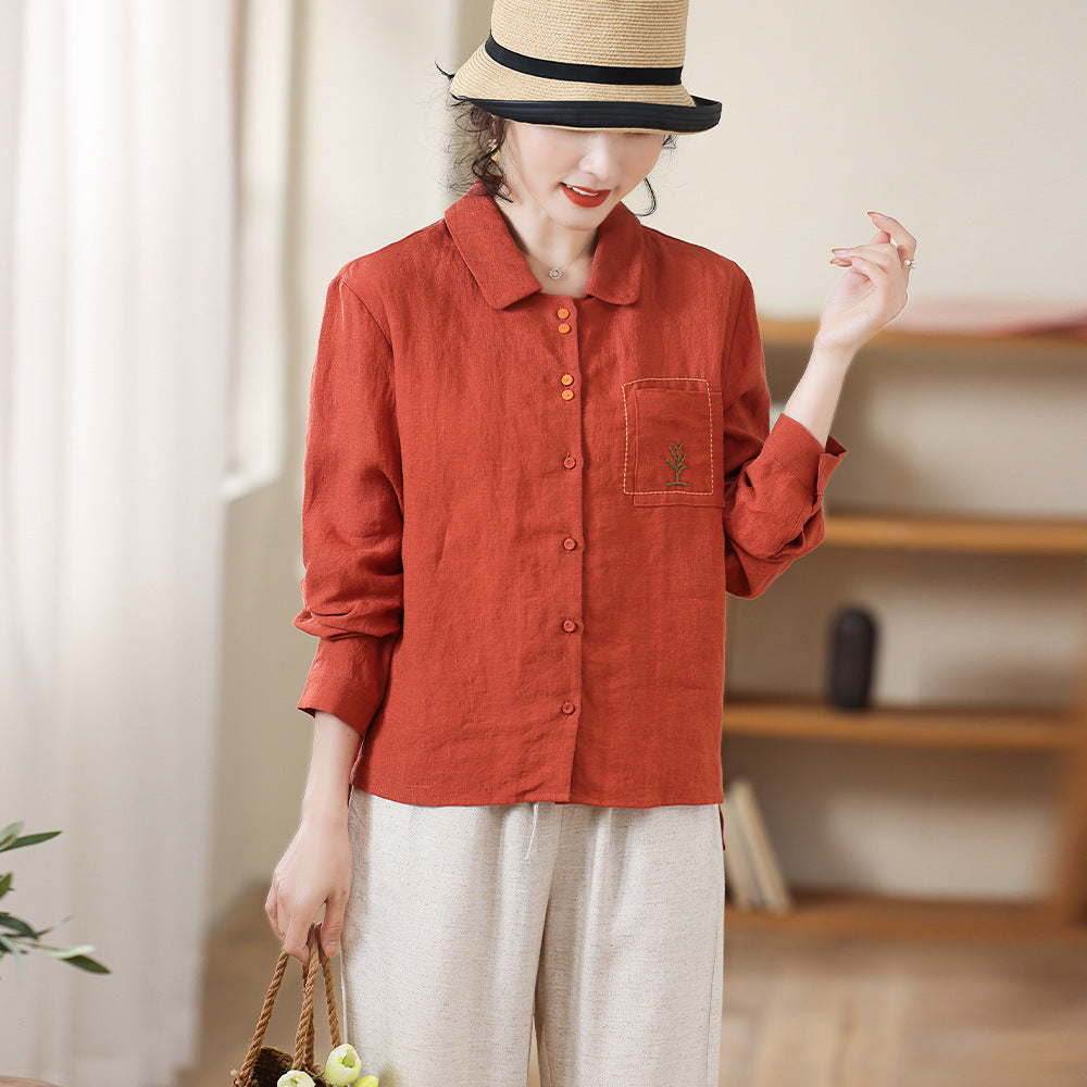 Lapel Ladies Cotton Linen Shirt