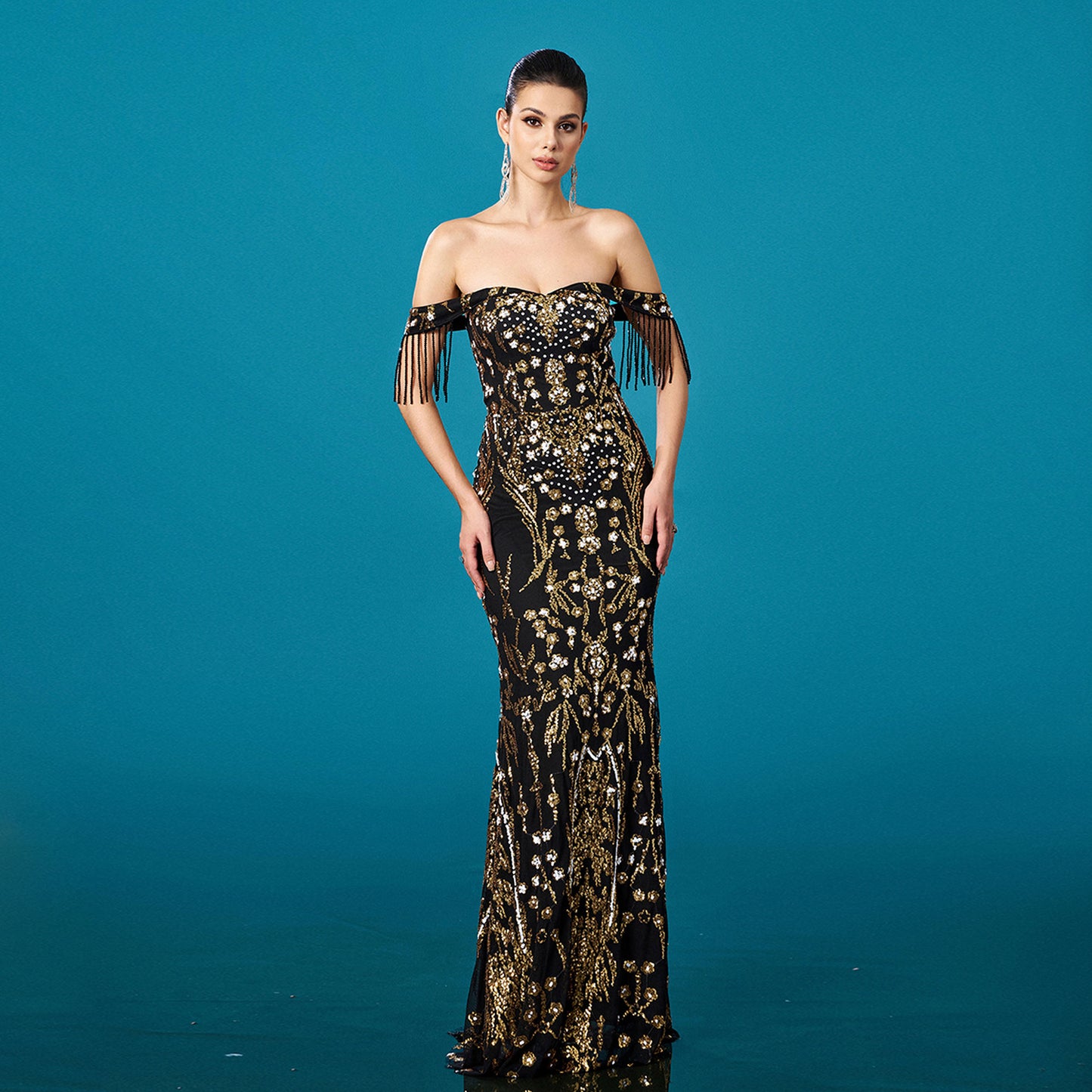 Off-Shoulder Tassel Sequin Fishtail Evening Dress