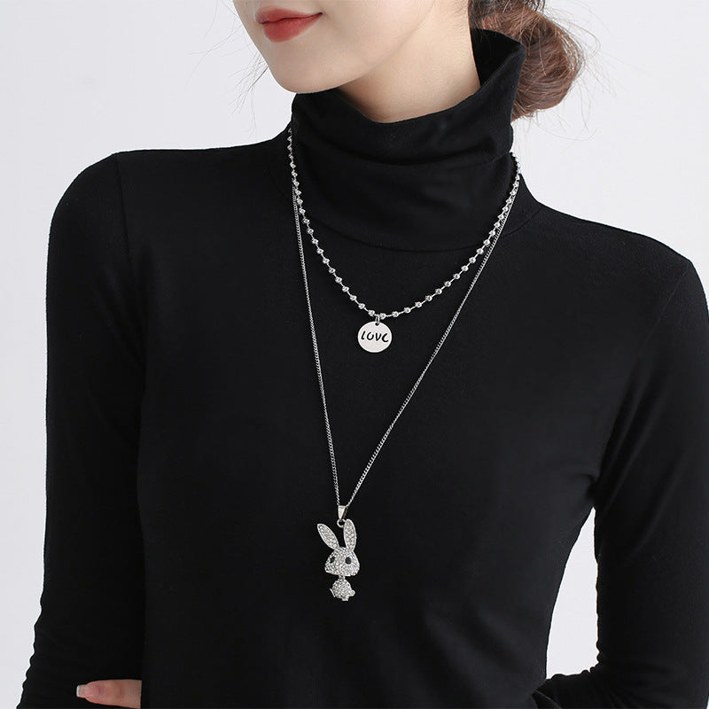 Double Decorative Titanium Steel Necklace Light Luxury Niche Long Diamond Rabbit Pendant Letter Necklace