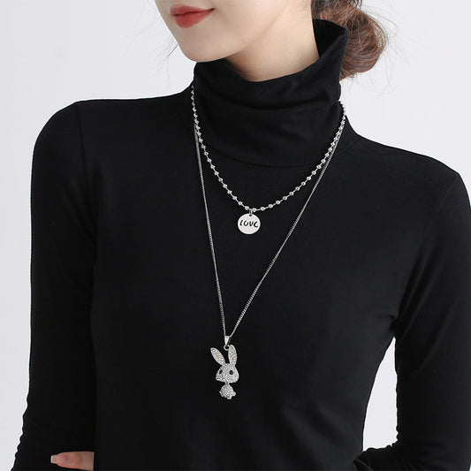 Double Decorative Titanium Steel Necklace Light Luxury Niche Long Diamond Rabbit Pendant Letter Necklace