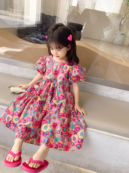 Girls' Floral Dress Short Sleeve Children's Western Style Baby