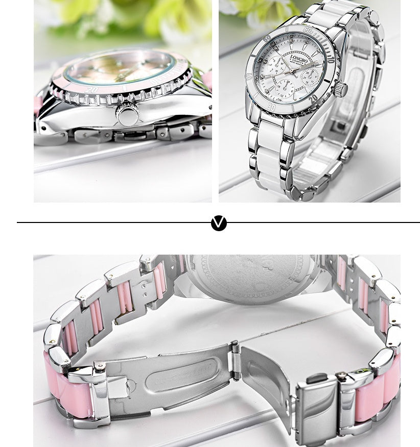 Hot sale watch female models three eyes ceramic steel belt watch waterproof luminous quartz ladies watch