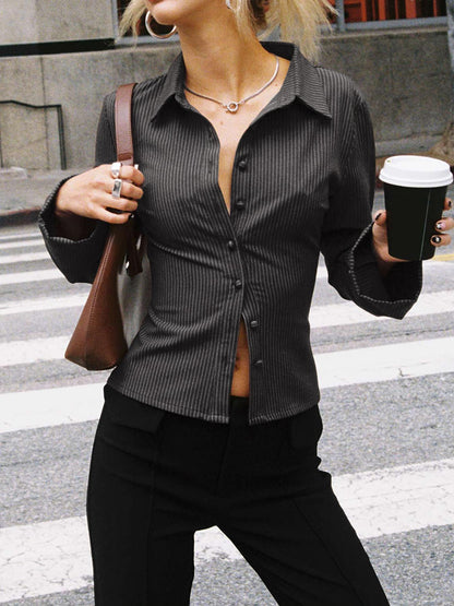 Lapel Breasted Cardigan Long Sleeve Shirt Slim Striped Top