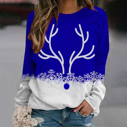 Snowflake Christmas Deer Printed Round Neck Street Pullover Sweater - myETYN