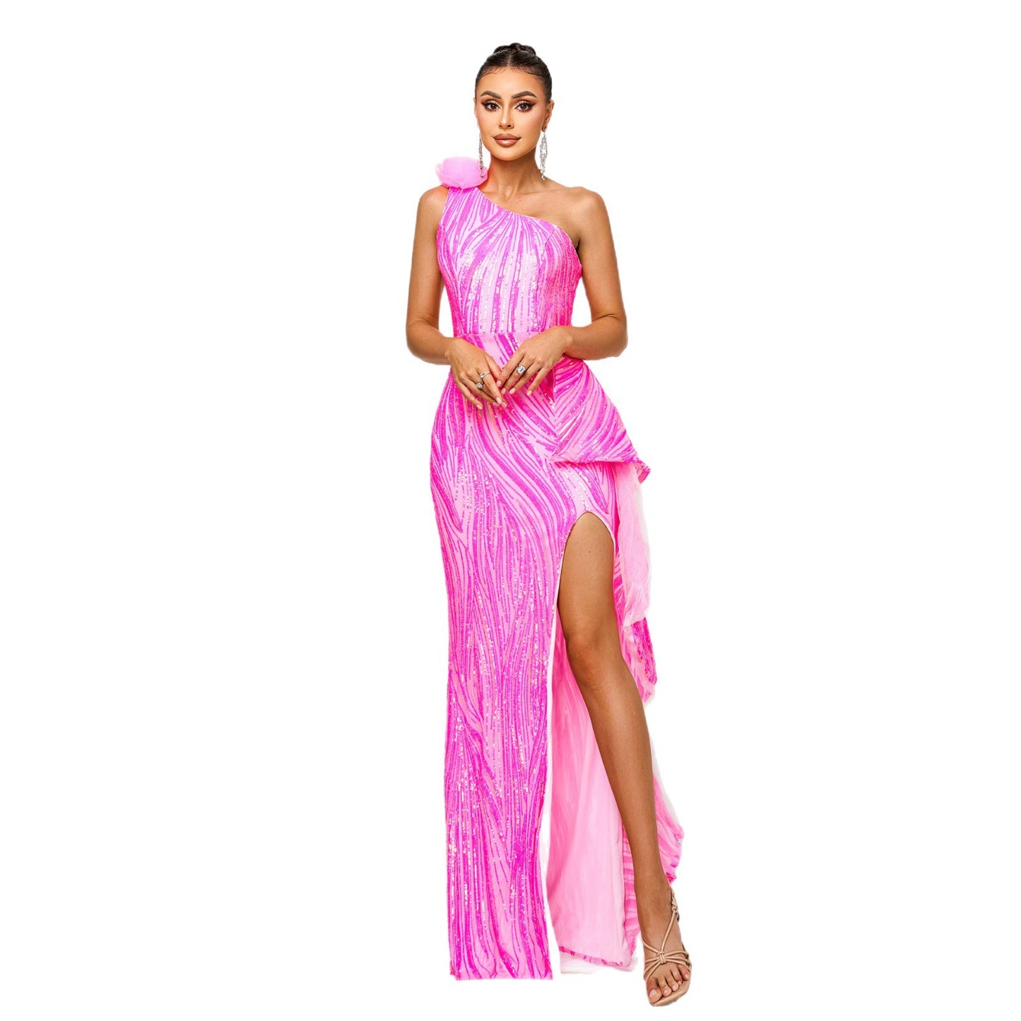 One-Shoulder Sequined Slit Evening Dress – Rose Red High-Waist Long Dress