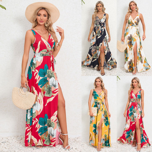 V-neck Floral Print Long Dress Summer Fashion Waist Tie Slit Design Sleeveless Dress For Womens Clothing - myETYN