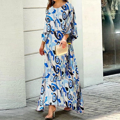 2pcs Women's Dress Suits Fashion Loose Printed Long Sleeve Top And High Waist Long Skirt - myetyn