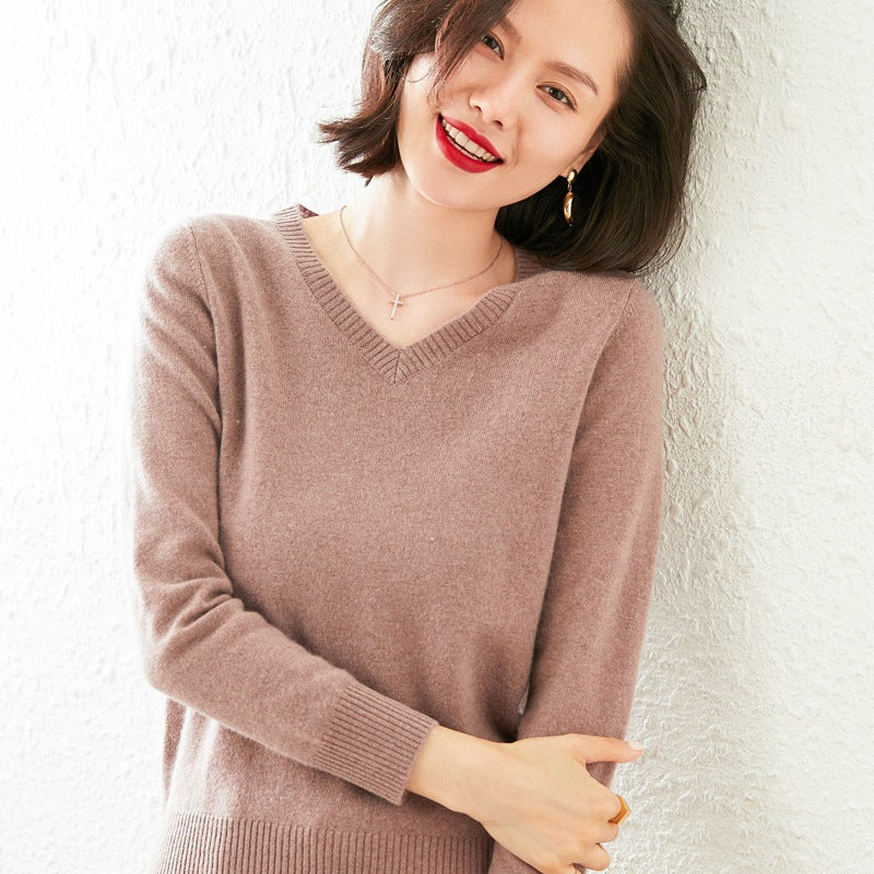 Women’s V-Neck Cashmere Sweater – Solid Color, All-Match Style