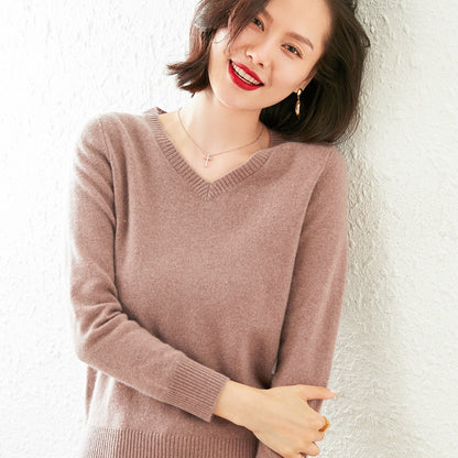 Women’s V-Neck Cashmere Sweater – Solid Color, All-Match Style