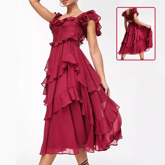 Summer Holiday Ruffled Short-sleeved Dress Fashion Backless Square Neck Long Dresses For Party Womens Clothing