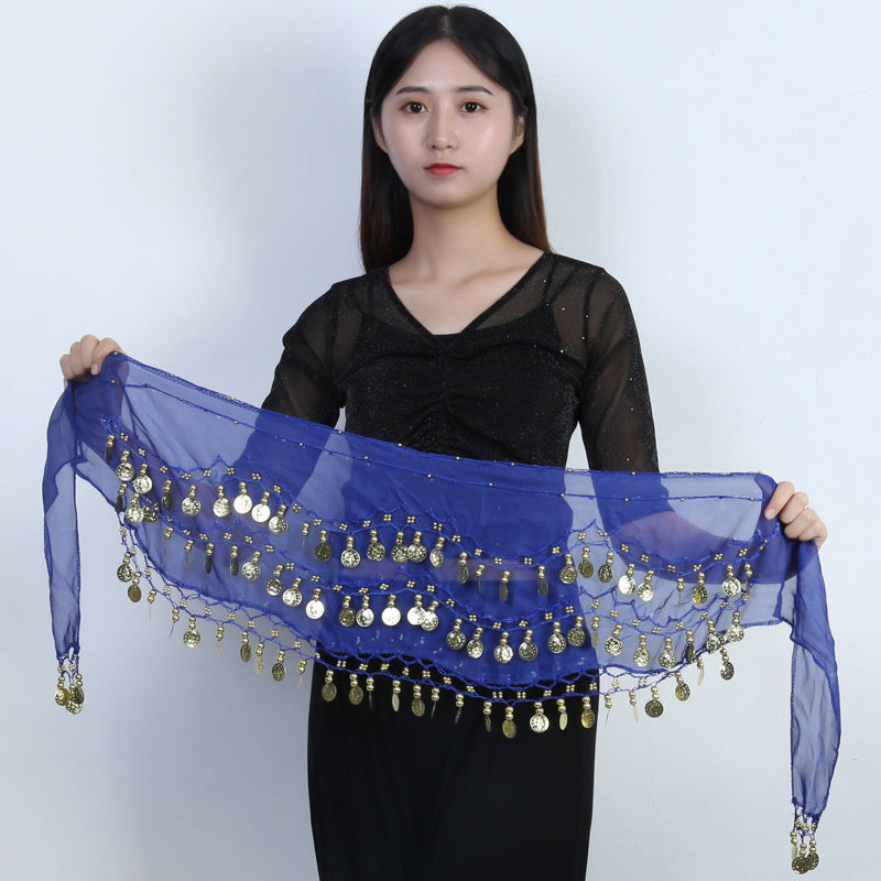 98 Coins Belly Dance Waist Chain Chiffon Three-layer Gold Coin Belt Indian Dance Exercise And Performance Hip Scarf Scarf