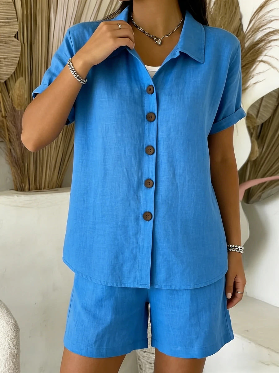 Casual Cotton-Linen Button-Up Shirt & Shorts Set – Breathable Summer Co-Ord for Women