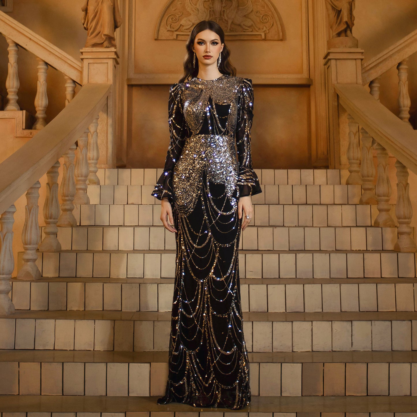 Long Sleeve Round Neck Slim-Fit Sequined Fishtail Evening Dress – Black Silver Gown