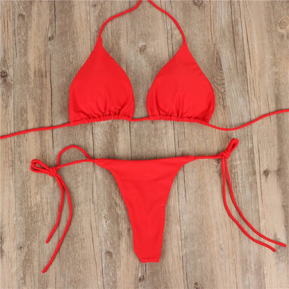 2pcs Halterneck Lace - up Bikini Women Summer Solid Color Sexy Split Strap Adjustable Swimsuit Suit - myetyn