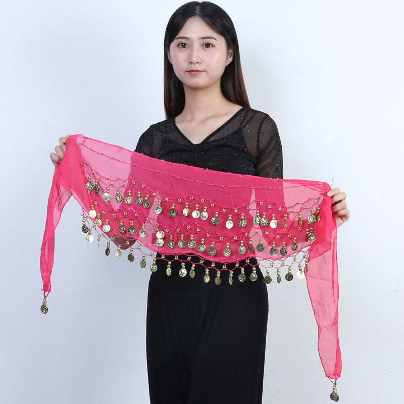 98 Coins Belly Dance Waist Chain Chiffon Three-layer Gold Coin Belt Indian Dance Exercise And Performance Hip Scarf Scarf