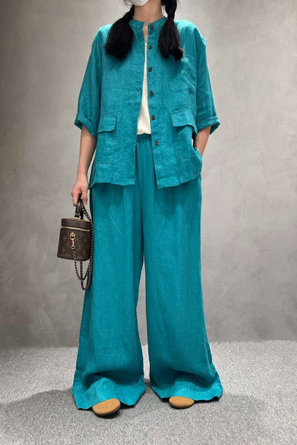 Women's Linen Co-Ord Set | Half Sleeve Shirt & Wide-Leg Pants