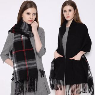 Cashmere Fringe Plaid Shawl with Pocket - myETYN