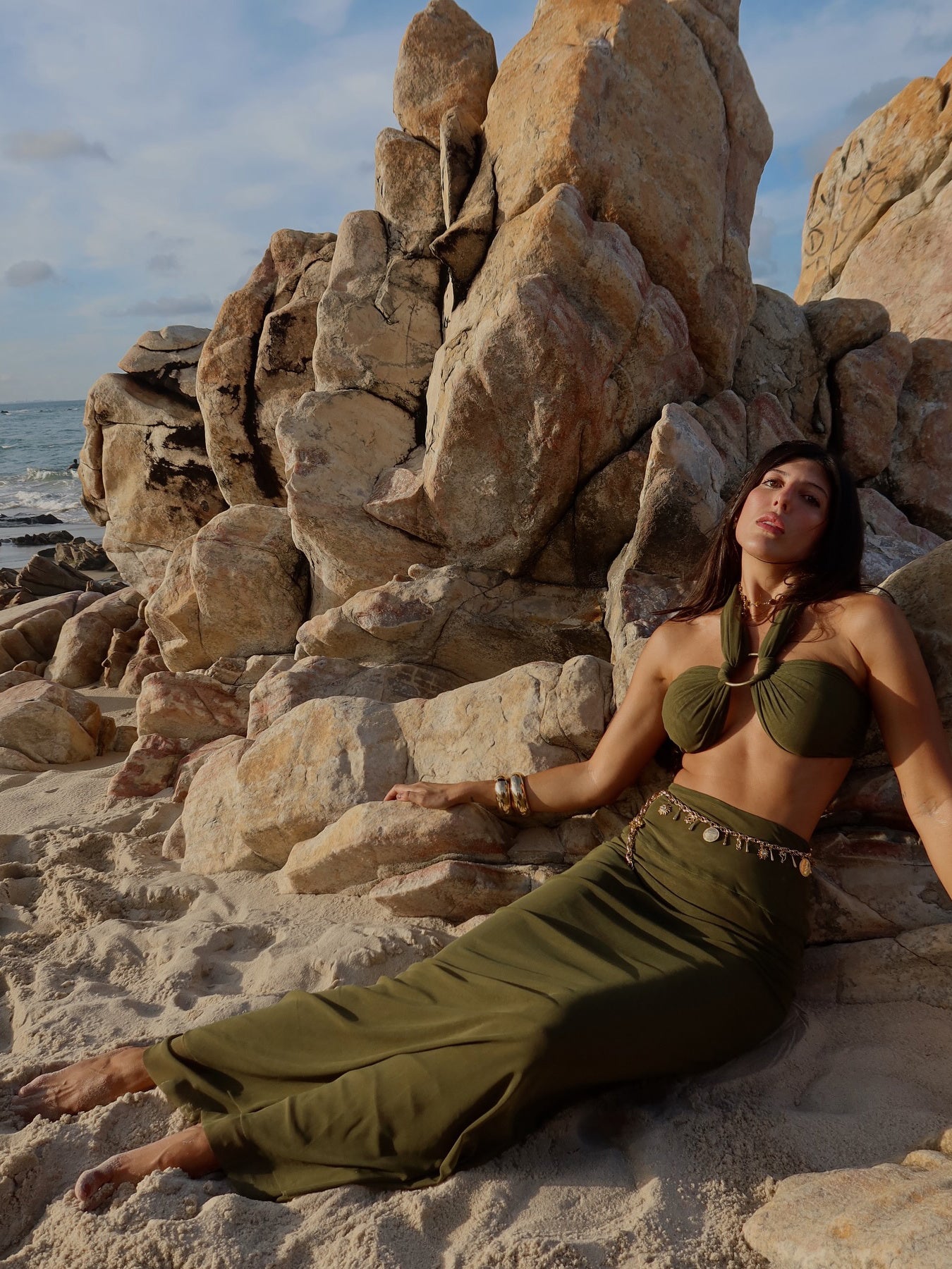 Olive Green Strappy Cropped Top & Hip-hugging Skirt Set